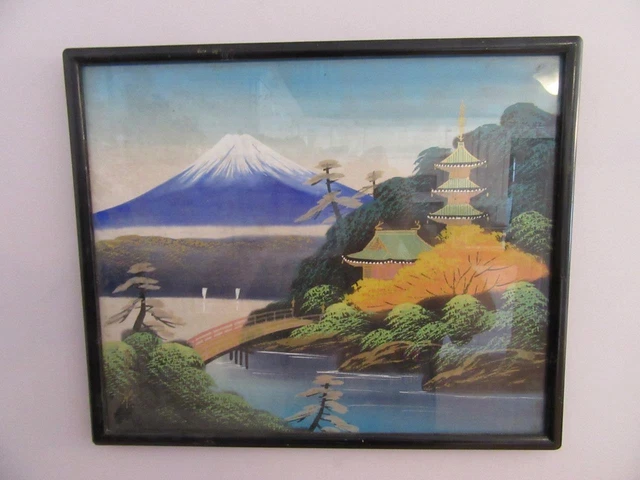 Antique Asian Art Painting On Rice Paper Volcano In Ice W/Pagodas