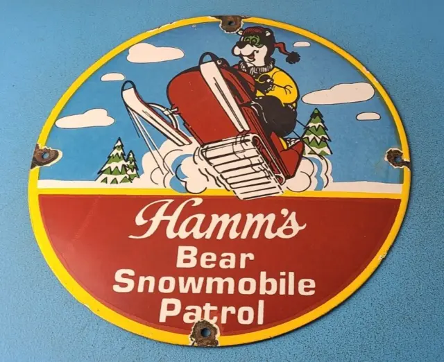Vintage Hamms Beer Sign - Alcohol Breweriana Bear Patrol Gas Pump Porcelain Sign