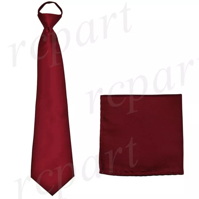 New formal men's pre-tied ready knot necktie & hankie set polyester burgundy
