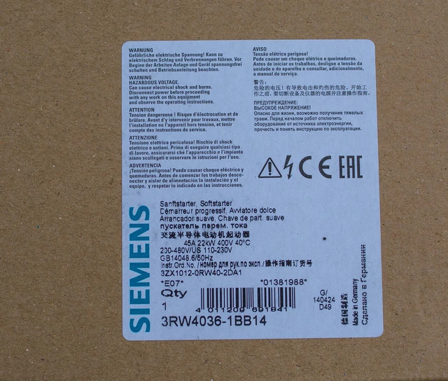 New Siemens 3RW4036-1BB14 SIRIUS soft starter S2 45 A, 22 kW 3RW40361BB14