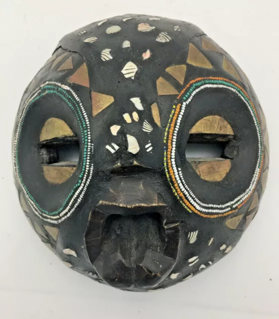 Ghana Carved Wood Mask Ceremonial Beaded w Shell Brass Inlays African Tribal Art