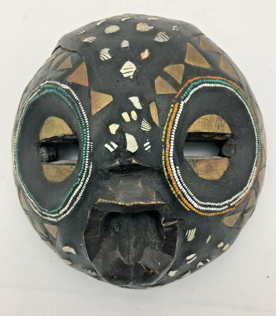 Ghana Carved Wood Mask Ceremonial Beaded w Shell Brass Inlays African Tribal Art
