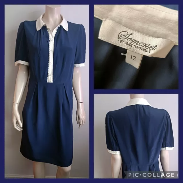 SOMERSET By ALICE TEMPERLEY UK  12 100% SILK Navy Tea Dress With Cream Trim