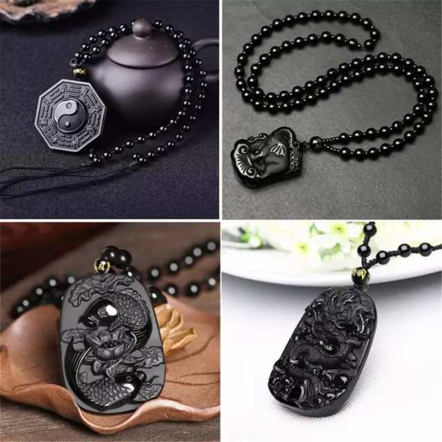 Natural Obsidian Hand Carved Amulet Lucky Pendant Beads Unisex Amulet Necklace