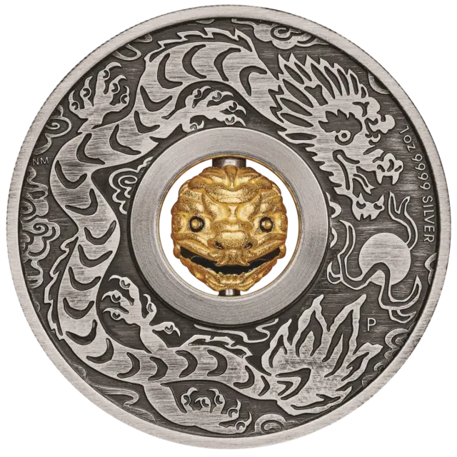 2024 Tuvalu Year of the Dragon Rotating Charm 1 oz Silver Antiqued Coin