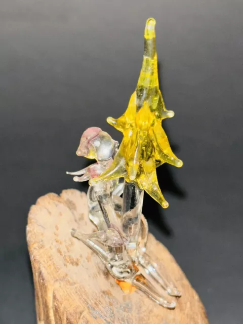 Vtg Spun Glass SKIER HITTING A PINE TREE On Drift Wood Figurine Sculpture 5”