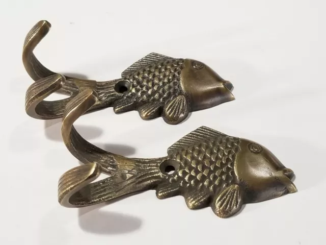 2 Vintage Style FISH HOOKS Solid Brass Coat Hat Towel Hanger 3" #C23 2