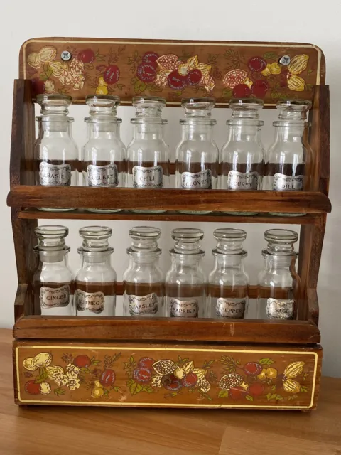 Vintage Wooden Spice Rack with 12 Original Glass Jars 2 Shelf COUNTRY COTTAGE