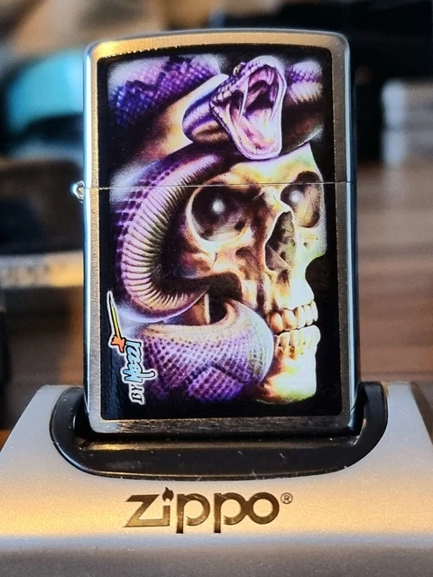 Mazzi Skull & Snake Design On A 200 Brushed Chrome Zippo Lighter Bnib.