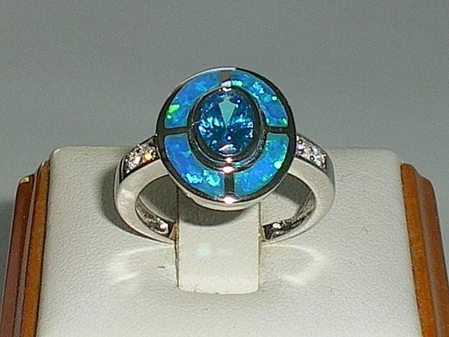 Ladies Art Deco Sterling 925 Solid Silver Opal Sapphire & Aquamarine Target Ring