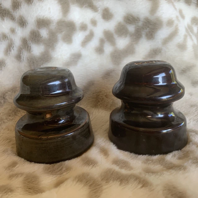 (2) Vintage Thomas Ceramic Porcelain Insulators Brown and Green Glaze 3x3 1/2" 