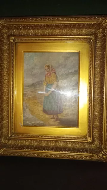 Antique Oil Painting on Canvas in Gilt Frame, Girl by the Sea, 19th C  (early?)