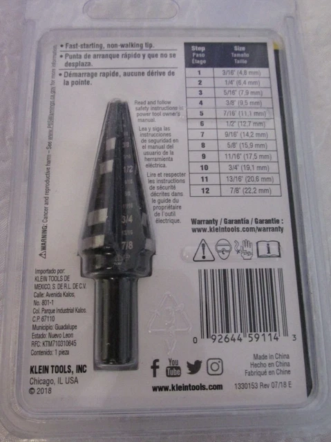 Klein Tools 3/16" -7/8" Step Drill Bit #14 3/8" shank #KTSB14 FACTORY SEALED 2