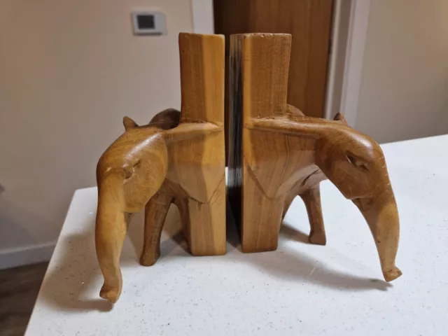 Vtg Wood Elephant Bookends Hand Crafted