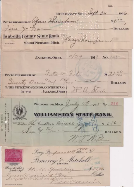 6 Different Usa Cheques [Checks]  1900-1926  Banknotes  Z8