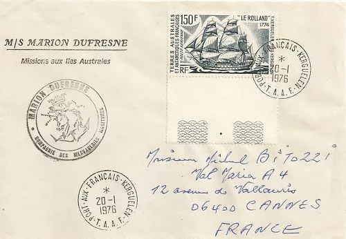 Carta T. A. A. F Kerguelen Para Postal-Cannes 1976