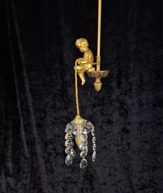 Beautiful Solid Brass Heavy Vintage French Cherub Crystal Chandelier Light