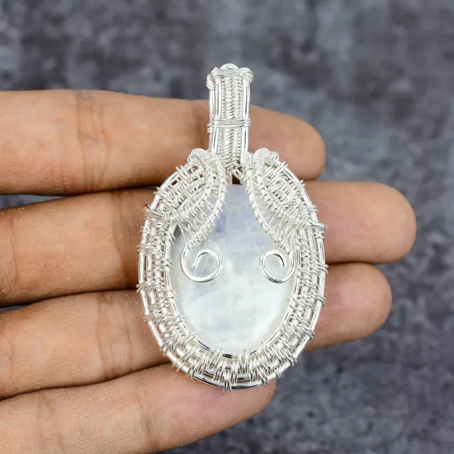 Rainbow Moonstone Gemstone 925 Sterling Silver Wire Wrapped Pendant 2.24"
