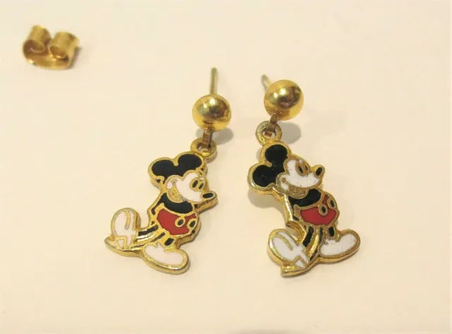 MICKEY MOUSE Dangle Earrings Enamel GT Post Hands Behind Vtg Walt Disney Prod.