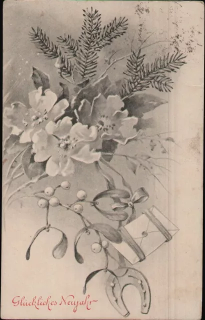 Postcard New Year congratulations, artist, pine branch flowers mistletoe, small format,