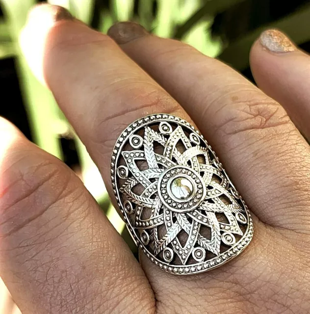 Sun Ring 925 Sterling Silver Large Open Lace Boho Gypsy Wide Statement Style
