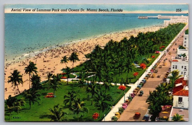 Miami Beach Florida Lummus Park Oceanfront Birds Eye View DB UNP Postcard