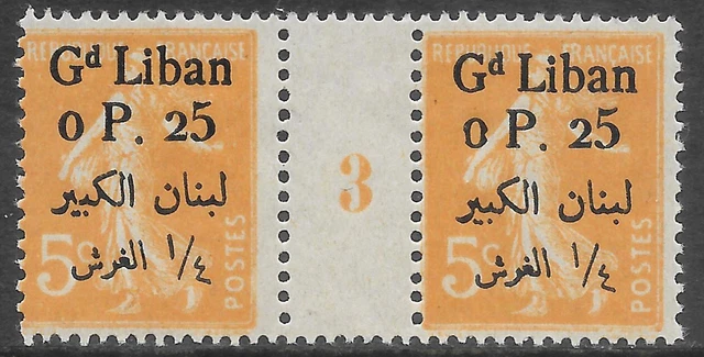 Liban Semeuse n° 23* Paire Millésime 1923. Type I. Trace de charnière sur 1 timb
