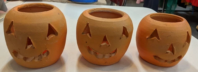 3 Vintage Halloween Jack O Lantern's Tea Lights Hewells Pottery Gillsville GA