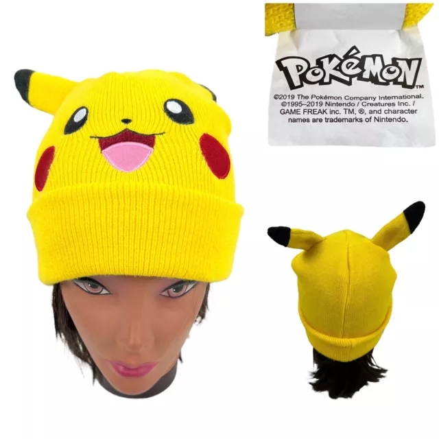 Pokemon Pikachu Beanie Hat Big Face Winter Nintendo 3D Ears Yellow Knit Hat EUC