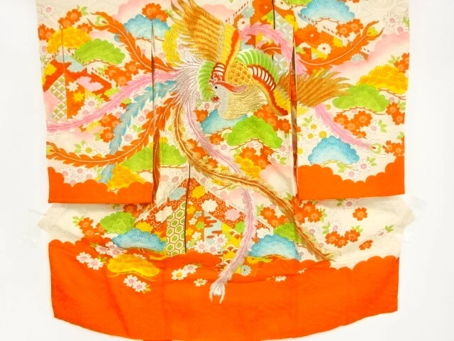 96280# Japanese Kimono / Antique Kimono For Girls / Embroidery / Phoenix