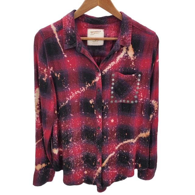 Womens Bleached Upcycled Distressed Long Sleeve Button Up Plaid Shirt Top Sz L