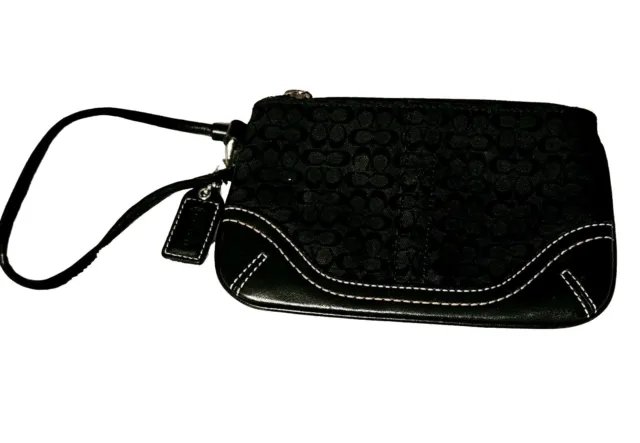 Coach Wristlet Signature C Canvas  Black W Leather Trim & Bag Charm Black Size S