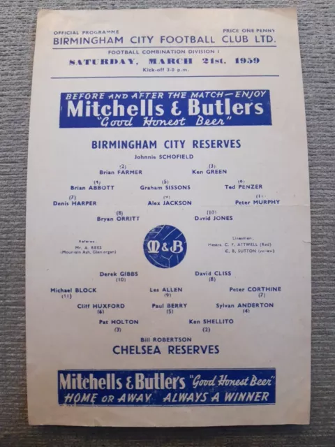 Birmingham City Reserves v Chelsea Res programme.  21/3/1959
