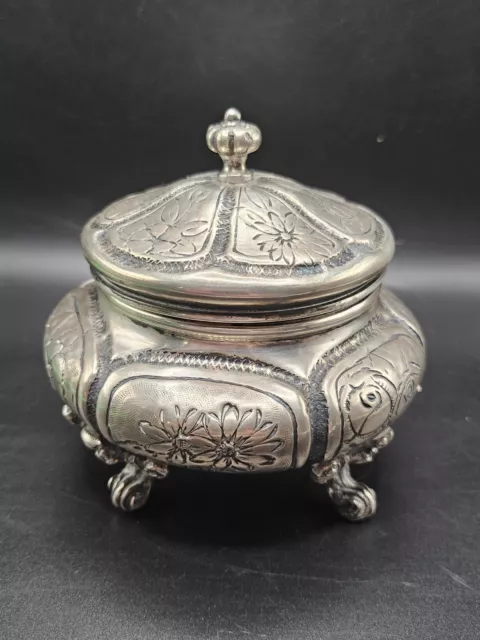 Small Antique 800 Sterling Silver Claw Footed Lidded Bowl Floral Patern Patina