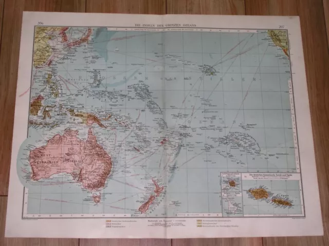 1905 Original Antique Map Australia Oceania Pacific Guam Hawaii German Colonies
