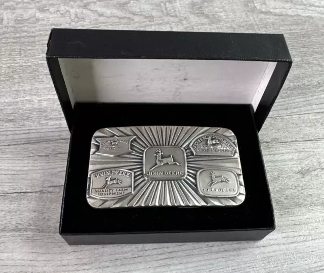 Vintage 1987 Silver Tone John Deere 5 Historical Trademarks Belt Buckle