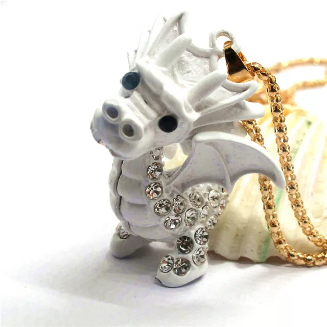 Hot White 3D Enamel Cute Dragon Holiday gifts  Crystal Pendant Chain Necklace