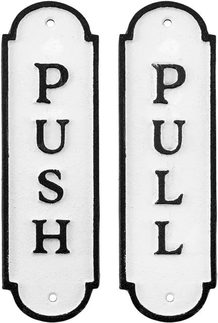 Cast Iron Push Pull Door Signs (Set of 2), Black and White w/Mounting Hardware