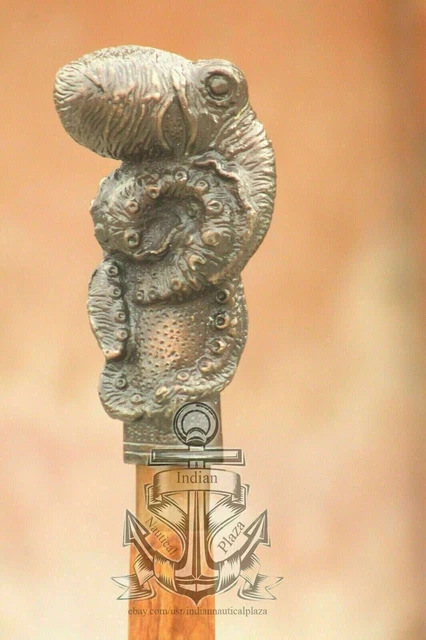Antique Aluminium Octopus Head Handle Brown Spiral Wooden Walking Stick Cane Gif