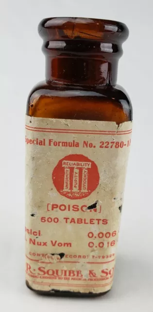 Antique NOS Amber Poison Bottle E.R. Squibb & Sons EMPTY Original Label & Tabs