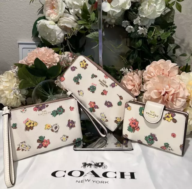 COACH Floral Field Print Small & Large Wallet & Wristlet~Chalk/Pink/Yellow/Green