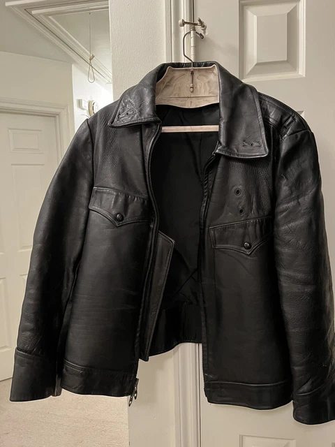 VINTAGE BLACK HORSEHIDE Leather Police Jacket Talon Zipper $195.00