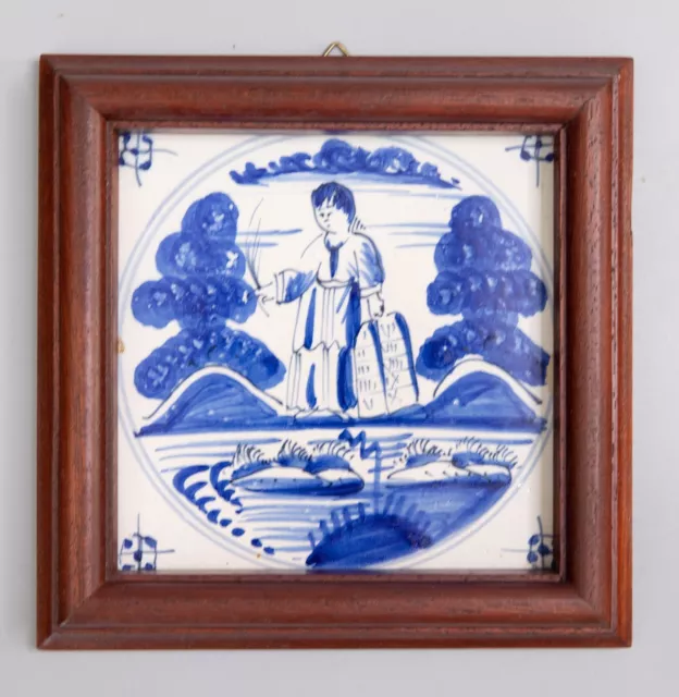 Antique 18th Century Dutch Delft Framed Biblical Moses Ten Commandments Tile