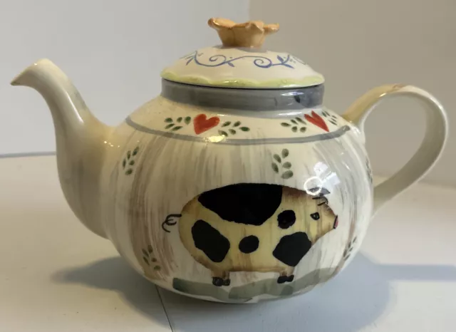 English country pottery Pig tea pot marked RW  multicolored  flower on lid