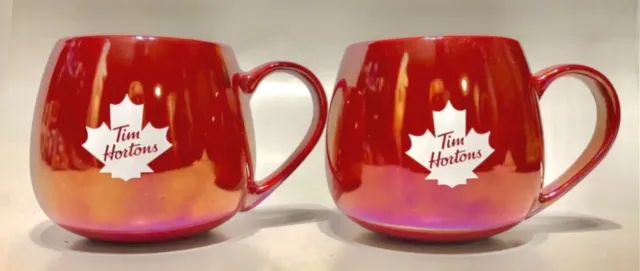2x TIM HORTON’S  2020 Maple Leaf Iridescent High Gloss Red Coffee Tea Mug Cups