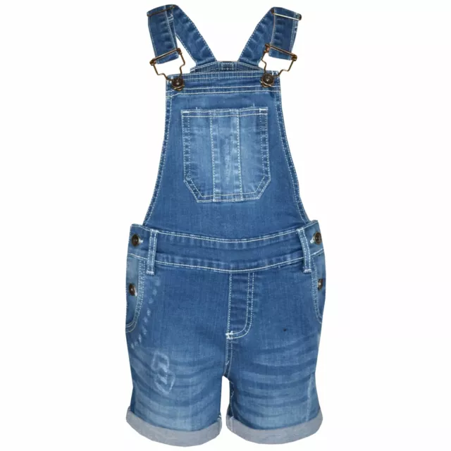 Kids Girls Dungaree Short Light Blue Denim Ripped Stretch Jeans Overall Jumpsuit