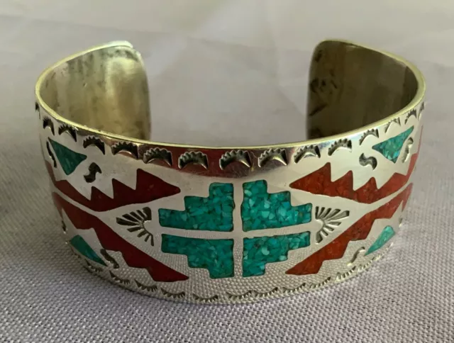 Southwestern Sterling Silver Chip Inlay Coral and Turquoise Cuff Bracelet 42.7g