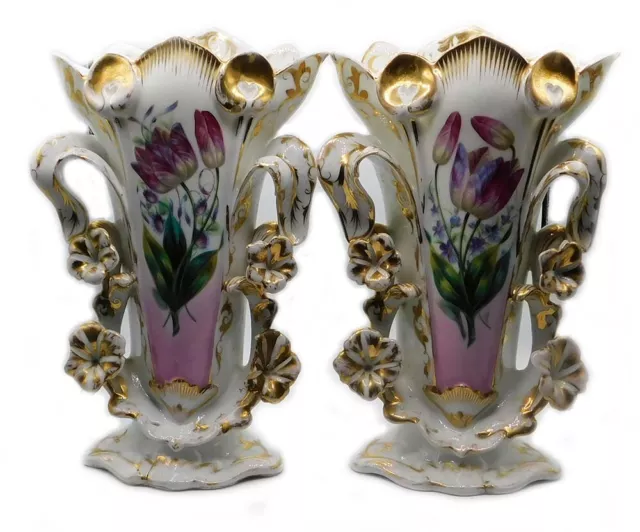 Pair Antique French Vieux Paris Hand-Painted Floral Gold Gild  Porcelain Vases