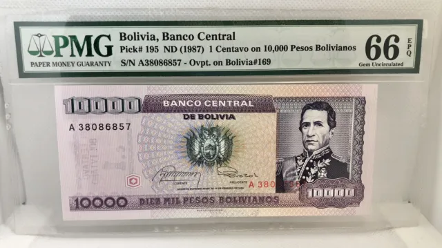 Bolivia 1 Centavo ON 10000 Pesos ND 1987 Pick #195 Superb Gem UNC PMG 66 EPQ