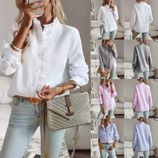 Womens Striped Ruffle Frill Shirts Tops OL Ladies Long Sleeve Work Casual Blouse